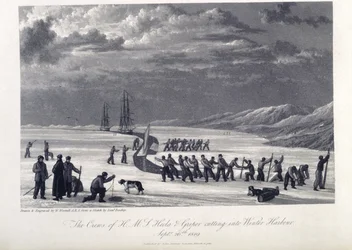 De bemanning van H.M.S. Hecla en Griper snijden zich een winterhaven in, 26 september 1819, illustratie uit 