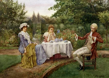 Lezen in de tuin. Lezen in een tuin. Een man leest een gedicht voor aan twee vrouwen die openlijk rond een thee zitten. Schilderij door William A. Breakspeare (1855 6-1914 Brits) Privécollectie
