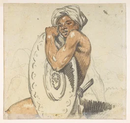 29v Jonge man met schild, uit een Album van 372 tekeningen van landschappen, kustlijnen, kostuums en het dagelijks leven gemaakt tijdens Lord Macartney