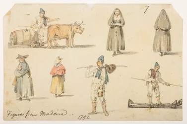 7 Figuren van Madeira, 1792, uit een Album van 372 tekeningen van landschappen, kustlijnen, kostuums en het dagelijks leven gemaakt tijdens Lord Macartney
