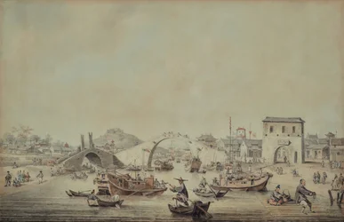 Chinese schuiten van de ambassade die zich voorbereiden om onder een brug door te varen