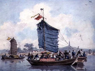 Chinese Rivierscène met Jonken onder Zeil