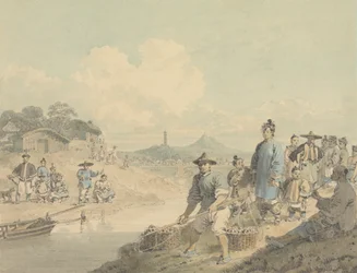 Uitzicht in China: Figuren met Pagode en Berg