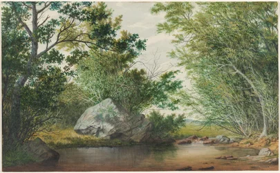 Landschap met Beboste Stroom en Rotsblok