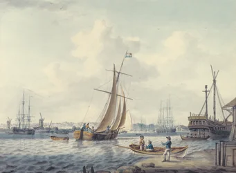 Een uitzicht op Greenwich en Deptford met het Royal Naval College en de Royal Dockyard, 1789