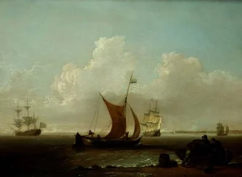 Nederlandse schepen voor de kust van Holland met vissers die een boot laden aan de kust