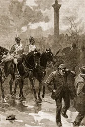 Bloedige Zondag: De lijfwachten houden Trafalgar Square, 1887, illustratie uit 