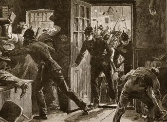 Gevecht in Ennis tussen leden van de National League en de politie, 1886, illustratie uit 
