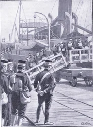 Japanse troepen schepen in bij Kobe, illustratie uit Cassells History of the Russo-Japanese War Vol 1, ca. 1900