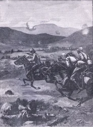 De Slag bij Colenso: Luitenant Roberts galoppeert om de ramp met de kanonnen te herstellen, illustratie uit Cassells Geschiedenis van Engeland, 1900s