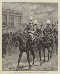 De militaire ceremonie in Potsdam, de keizer aan het hoofd van de Gardes du Corps