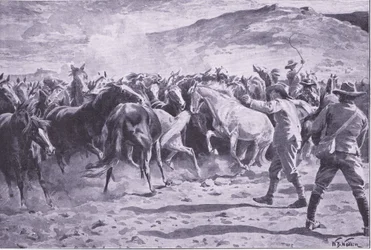 De vangst van de paarden in het Brandwater-district bij Fouriesburg: het bijeenbrengen van de kudde, illustratie uit Na Pretoria: De Guerrillaoorlog, 1902