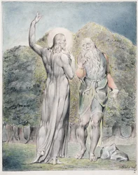 Christus verleid door Satan om de stenen in brood te veranderen, illustratie uit 