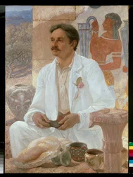 Sir Arthur Evans tussen de ruïnes van het paleis van Knossos