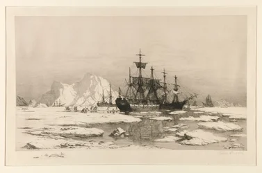 Zeehondenjagers in het Noordpoolgebied, naar het schilderij: Onder de IJsvelden, 1875