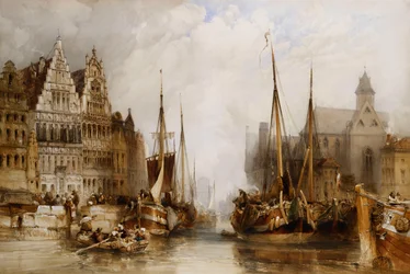 Huizen van de Franc Bateliers en Kerk van St. Nicolaas aan het Kanaal in Gent, 1845