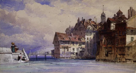 Oude huizen aan de Rhône in Genève, 1856