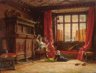 Een ridder in een verduisterd interieur, een vogel op zijn zwaard, 1843