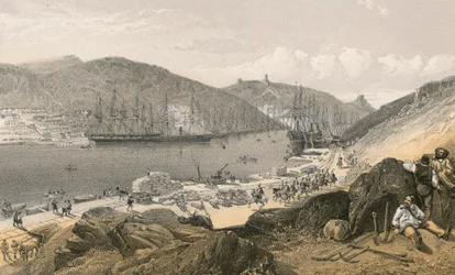 Balaklava toont de staat van de kades en de scheepvaart, in mei 1855