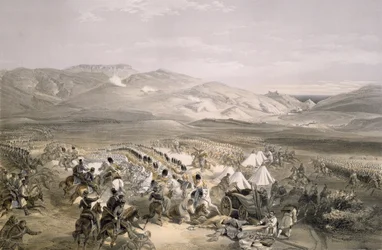 Aanval van de Zware Cavaleriebrigade in de Slag bij Balaclava op 25 oktober 1854, gegraveerd door E. Walker, gepubliceerd 1855