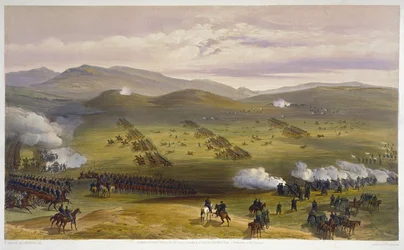 Charge van de Lichte Cavaleriebrigade, 25 oktober 1854, detail van artillerie, uit The Seat of War in the East, uitgegeven door Paul & Dominic Colnaghi & Co., 1856 (detail)