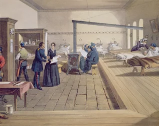 Ziekenhuis in Scutari, detail van Florence Nightingale (1820-1910) op de afdeling, uit The Seat of War in the East, uitgegeven door Paul & Dominic Colnaghi & Co., 1856 (detail)