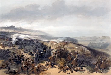 Tweede Aanval van de Garde toen ze de Twee Kanon Batterij heroverden bij de Slag om Inkerman, gegraveerd door Edmond Morin (1824-82) uit The Seat of War in the East - Eerste Serie, uitgegeven door Colnaghi