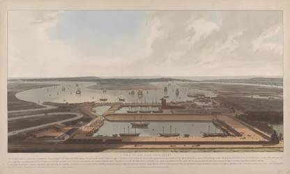 Gezicht op de dokken van de Oost-Indische Compagnie