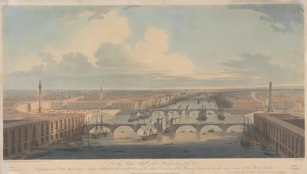 Perspectivische schets ter illustratie van een ontwerp voor de verbetering van de haven van Londen
