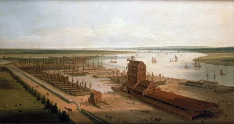 De Perry-scheepswerven (toen Green) op de Brunswick-dokken en het Blackwall-gebouw, een mastenfabriek, langs de Theems (Engeland)