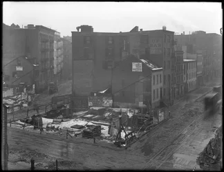 Hooghoekzicht op de kruisingen van Downing Street, West Houston Street en Varick Street, New York City