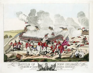 Slag bij New Orleans en dood van Generaal-majoor Packenham op 8 januari 1815, uitgegeven 1815