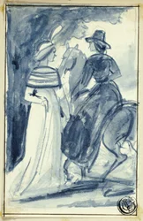 Twee Vrouwen (Een te Paard) in Kleding uit de Late 18e Eeuw