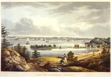 New York vanaf de hoogten bij Brooklyn, gegraveerd door John Hill