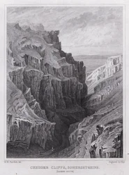Chedder Cliffs, Somersetshire, kijkend naar het zuiden (gravure)