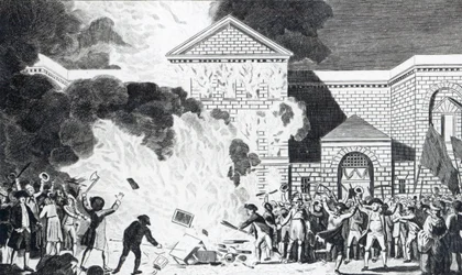 De verwoestingen veroorzaakt door de relschoppers van Londen die de nieuwe gevangenis van Newgate in brand steken en het meubilair van Mr. Akerman verbranden, 6 juni 1780, gegraveerd door T. Thornton