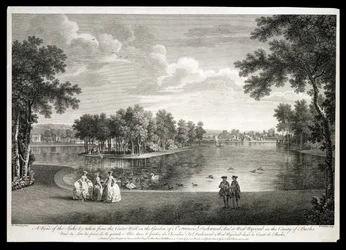 Uitzicht op het Meer vanaf het Middenpad in de tuin van West Wycombe, Buckinghamshire, gegraveerd door William Woollett