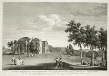 Uitzicht op het huis en een deel van de tuin in West Wycombe, Buckinghamshire, gegraveerd door William Woollett