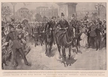 Londens welkom aan de Marine Brigade, het contingent van HMS Powerful passeert Trafalgar Square