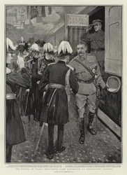 De Prins van Wales verwelkomt Lord Kitchener op Paddington Station