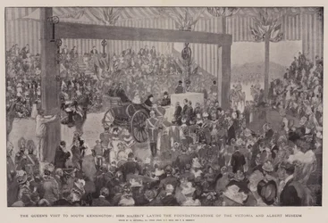 Het bezoek van de koningin aan South Kensington, Hare Majesteit legt de eerste steen van het Victoria and Albert Museum