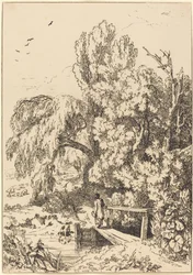 Landschap met Bomen, Meisje Overstekend Voetbrug