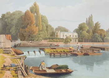De Weir, vanaf Marlow Bridge, gegraveerd door Robert Havell de Jongere, gepubliceerd 1818