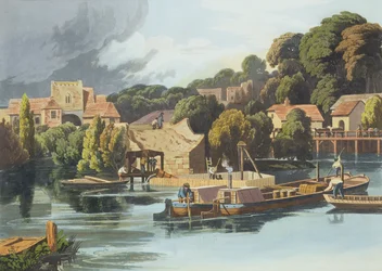 Wallingford Castle in 1810 tijdens brugreparaties, gegraveerd door Robert Havell de Jongere, gepubliceerd in 1818