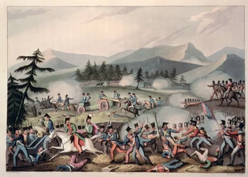 Slag bij Barrosa, 5 maart 1811, geëtst door I. Clarke, geaquarelleerd door M. Dubourg, 1811