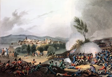 Slag bij Vittoria, 21 juni 1813, geëtst door I. Clark, geaquarelleerd door M. DuBourg