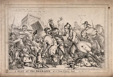Robert Peel als bokser die nachtwachten aanvalt met de bedoeling hen door de politie te vervangen. Ets door Paul Pry (W. Heath).