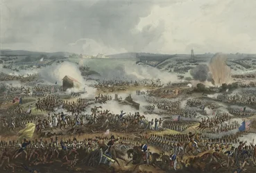 De Slag bij Waterloo, 18 juni 1815, aquatint door Thomas Sutherland (1785-1838), gepubliceerd in James Jenkins