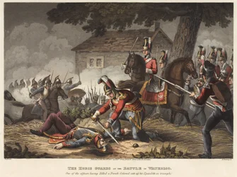 De Horse Guards bij de Slag om Waterloo, een van de officieren doodt een Franse kolonel en snijdt triomfantelijk zijn epaulet af, gegraveerd door M. Dubourg, 1819