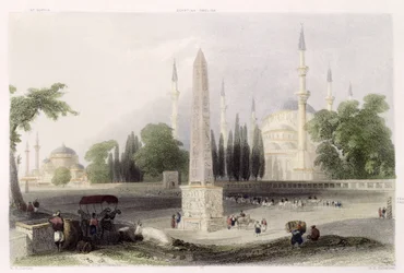 Een Egyptische obelisk in de Atmeidan, of Hippodroom, Istanbul, gegraveerd door G.K. Richardson, c.1850
